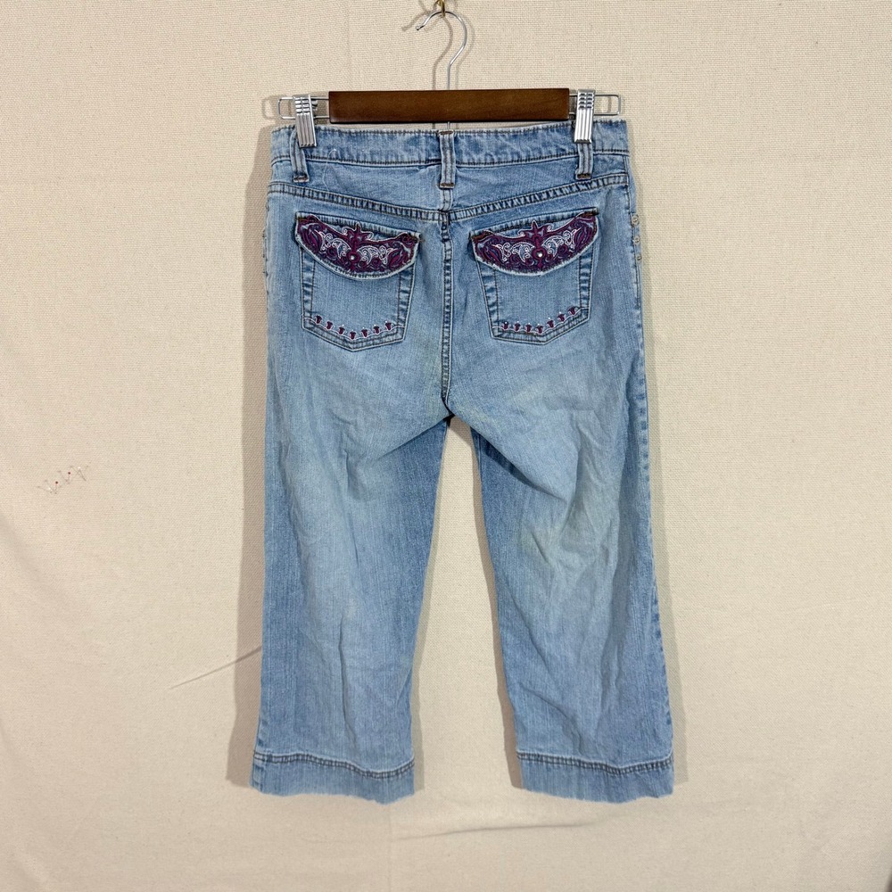 SO Stretch Womens Y2K Embroidered Denim Capri Jeans Light Wash Size 3